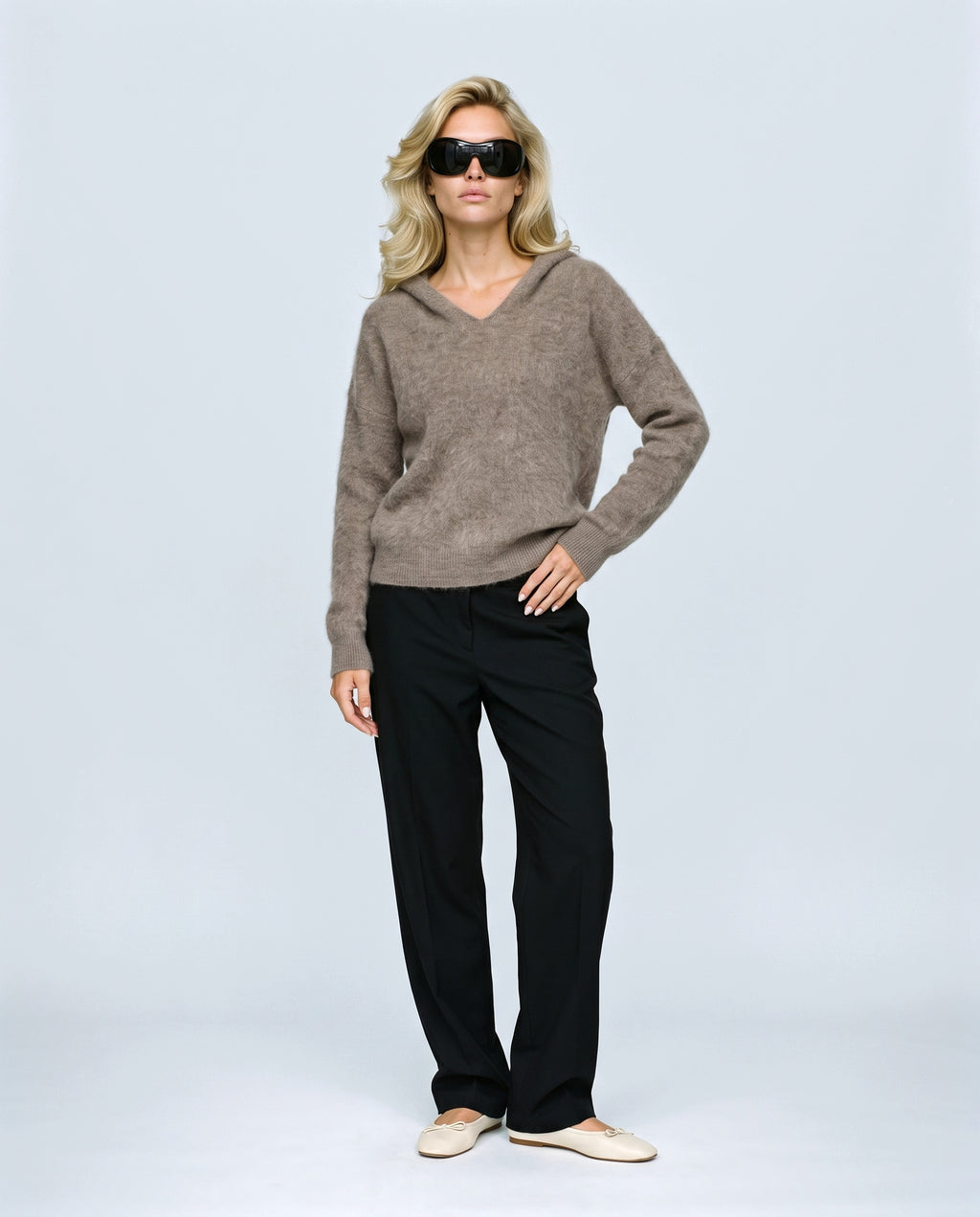The Soft-Touch Knit Hoodie in Taupe, front view on a non-pregnant model
