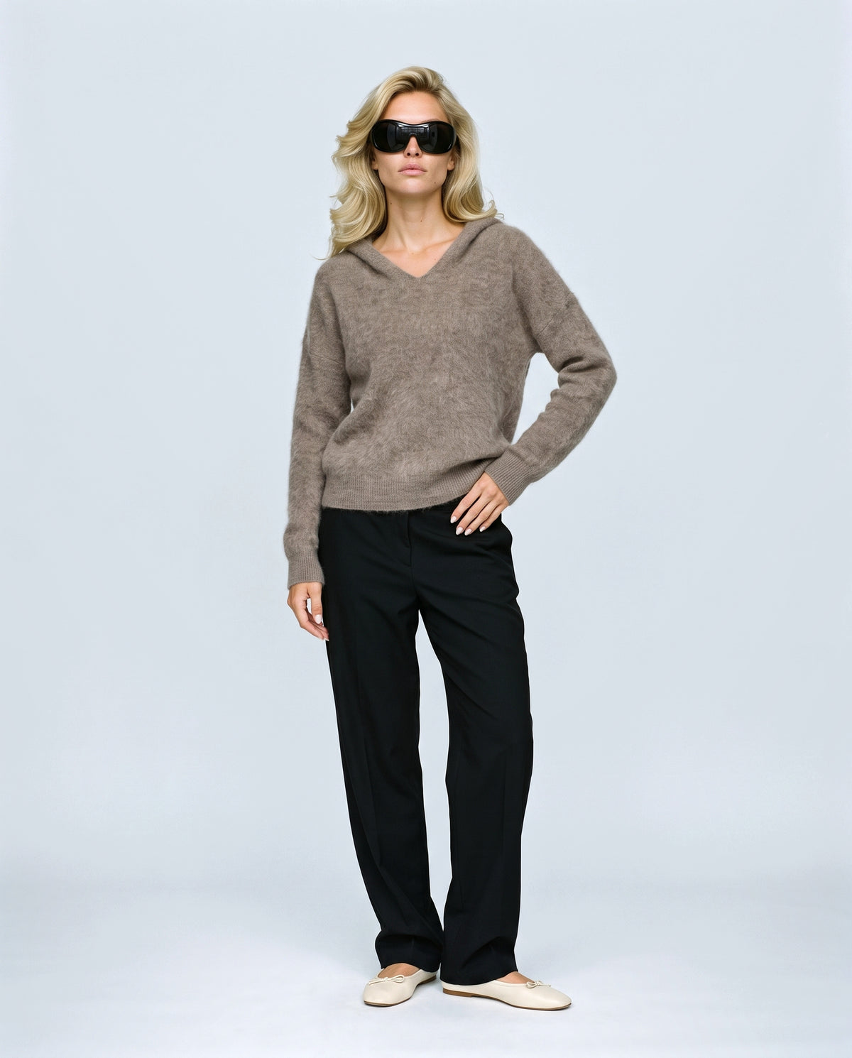 The Soft-Touch Knit Hoodie in Taupe, front view on a non-pregnant model