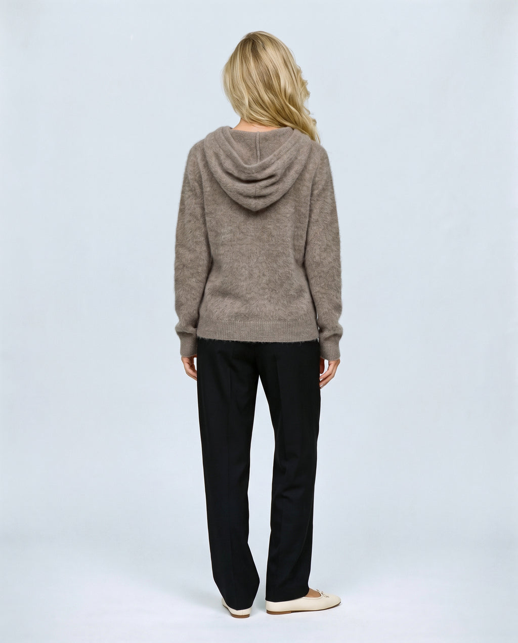 The Soft-Touch Knit Hoodie in Taupe, back view on a non-pregnant model