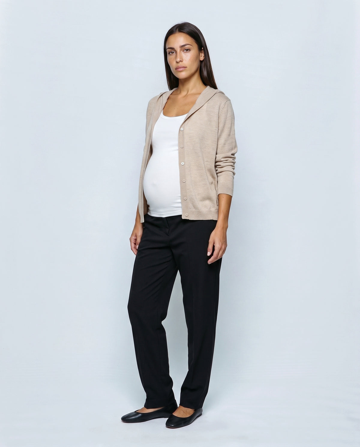The Hooded Button Cardigan in Beige, front view