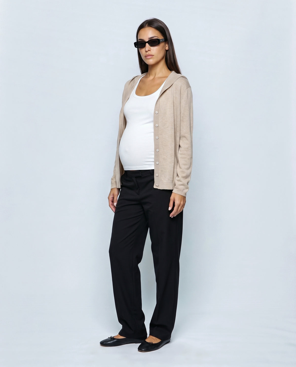 The Hooded Button Cardigan in Beige, side view