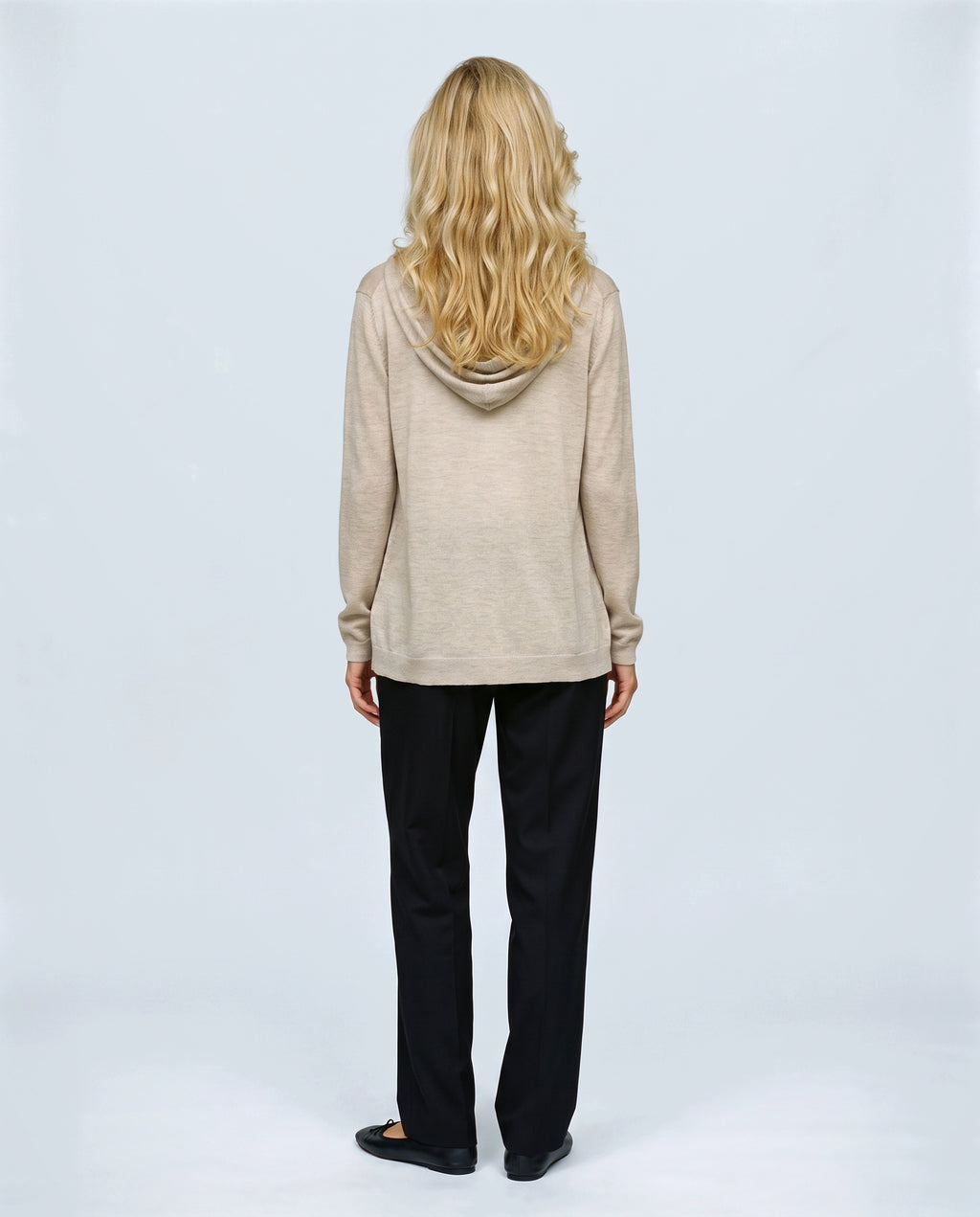 The Hooded Button Cardigan in Beige, back view on a non-pregnant model
