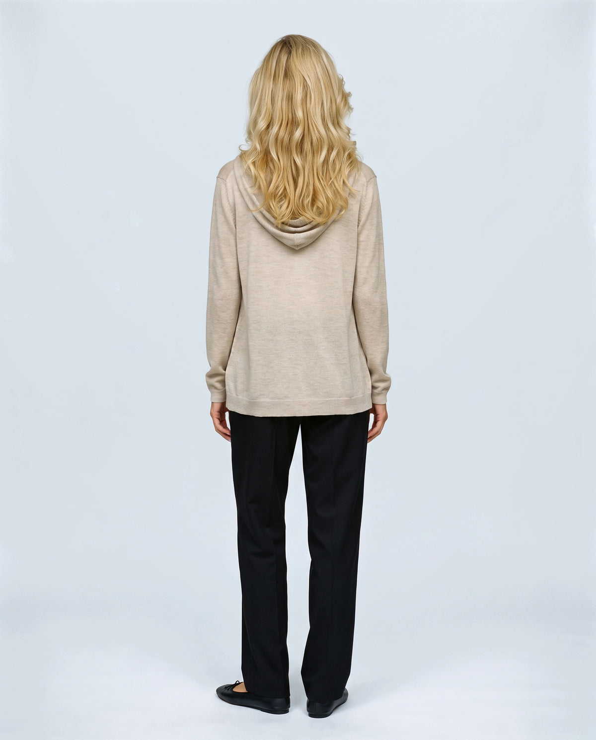 The Hooded Button Cardigan in Beige, back view on a non-pregnant model