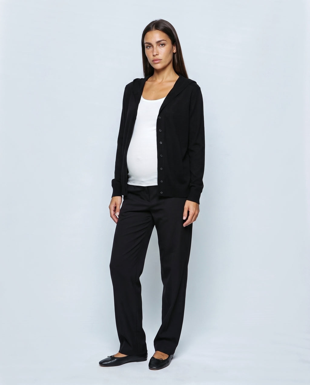 The Hooded Button Cardigan in Black, front view