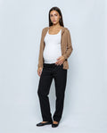 The Hooded Button Cardigan in Camel, front view