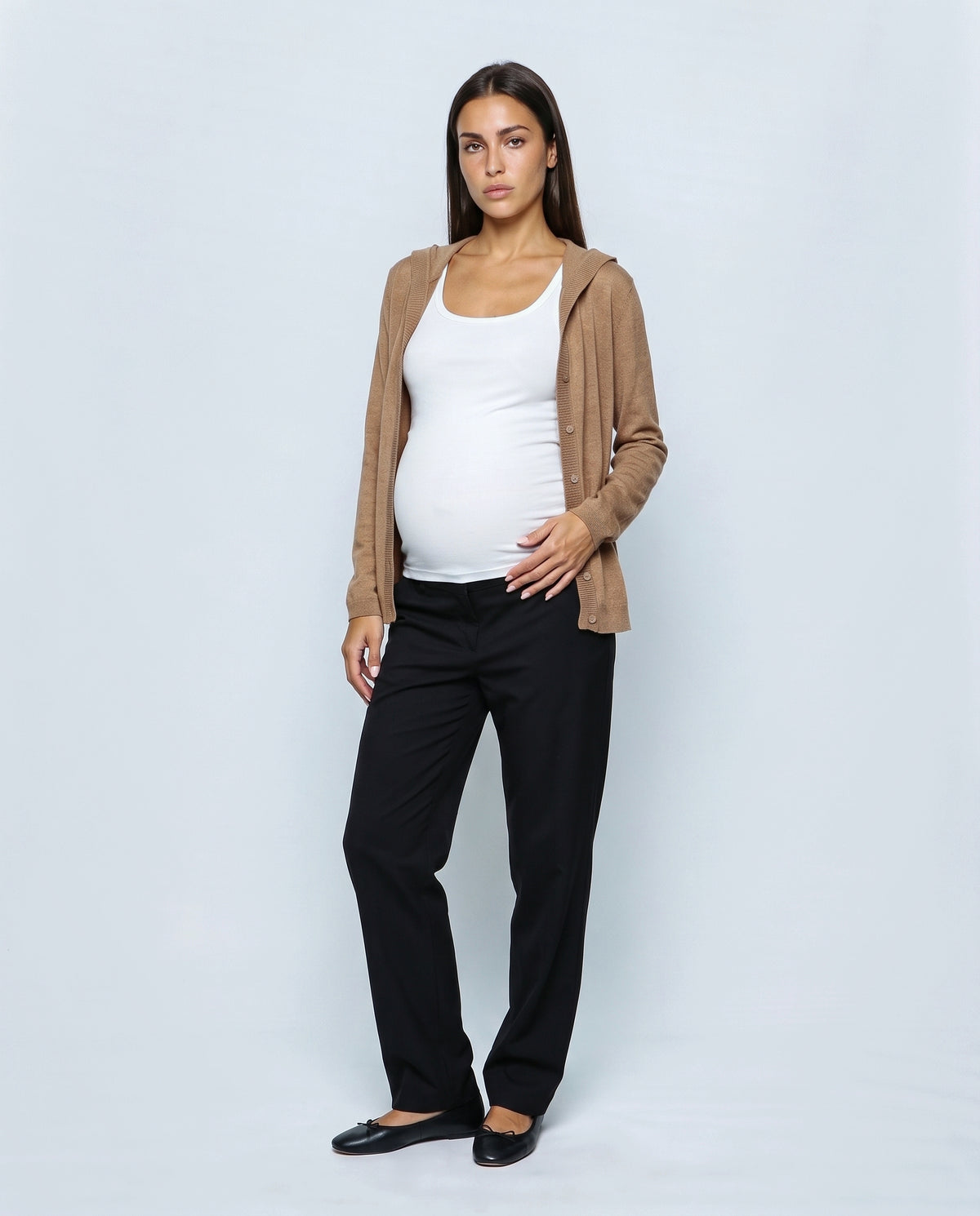 The Hooded Button Cardigan in Camel, front view