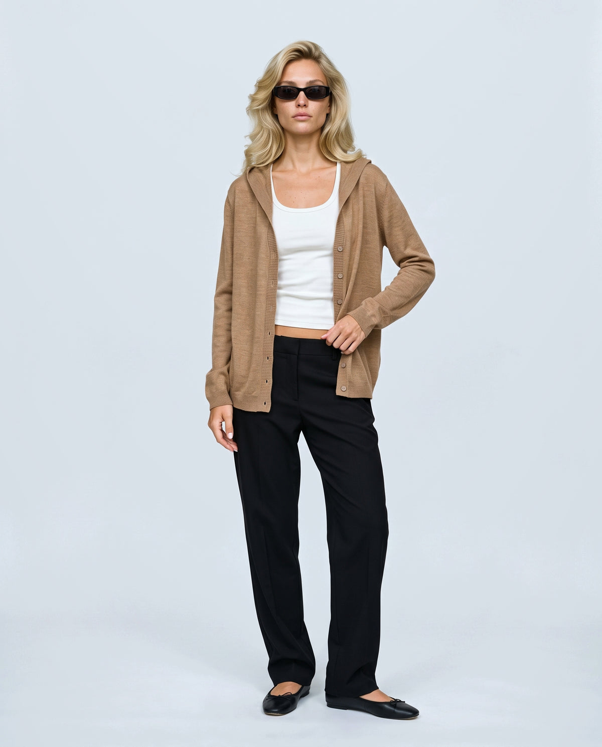 The Hooded Button Cardigan in Camel, front view on a non-pregnant model