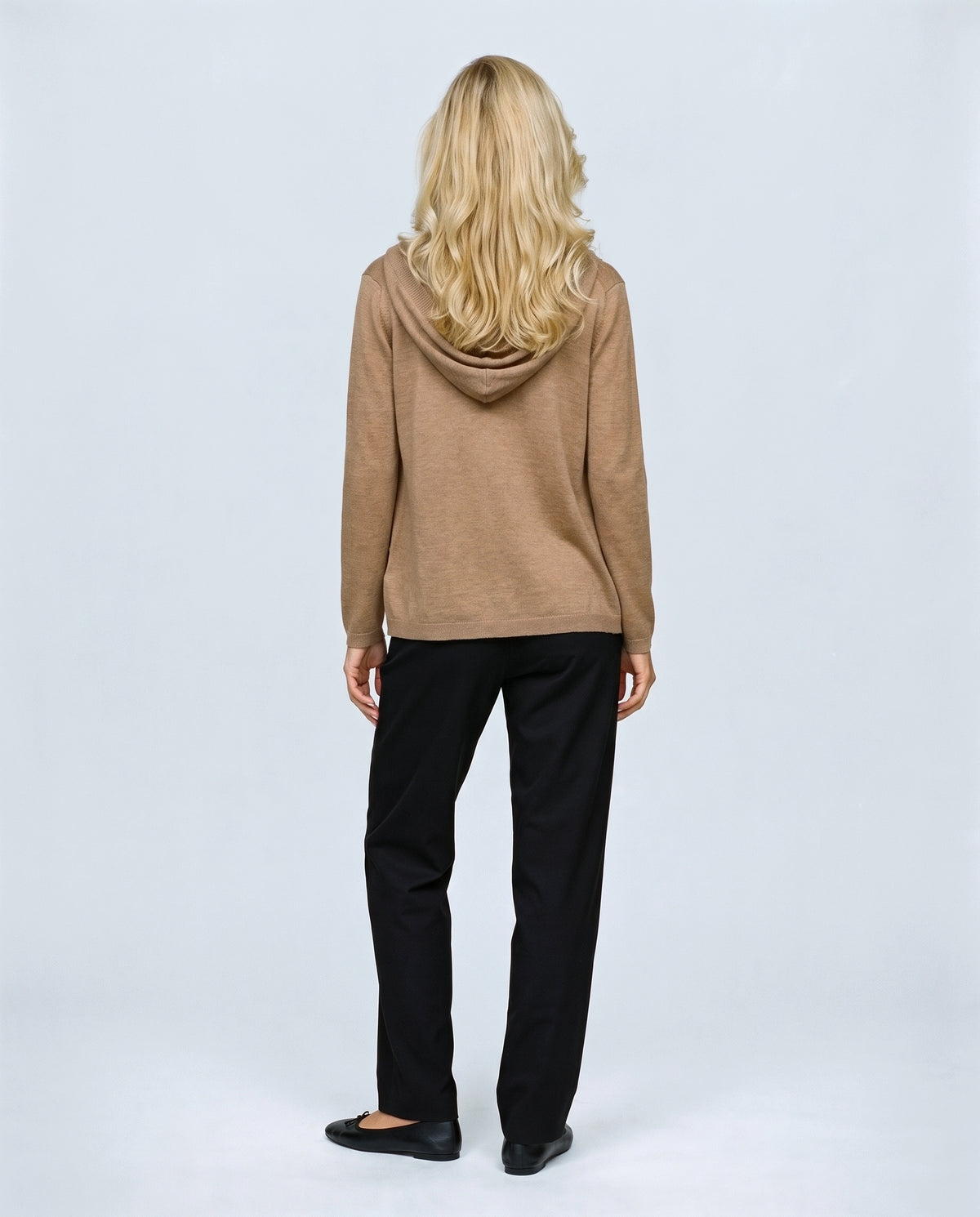 The Hooded Button Cardigan in Camel, back view on a non-pregnant model