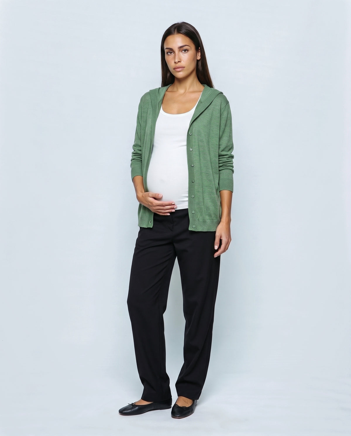 The Hooded Button Cardigan in Green, front view