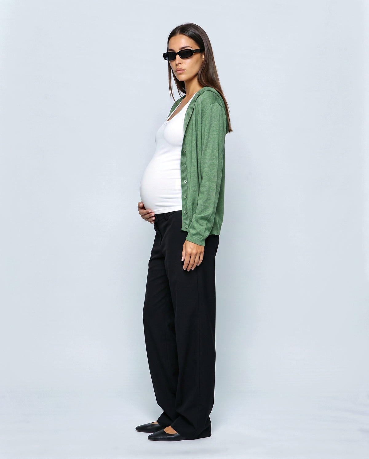 The Hooded Button Cardigan in Green, side view