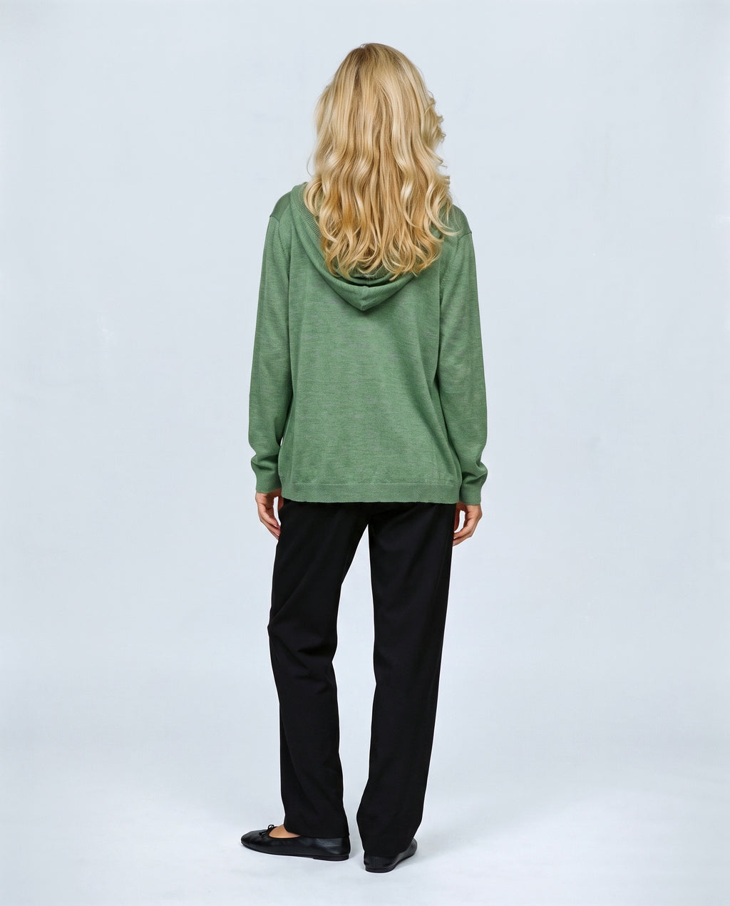 The Hooded Button Cardigan in Green, back view on a non-pregnant model