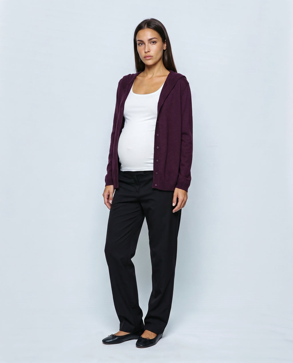 The Hooded Button Cardigan in Plum, front view