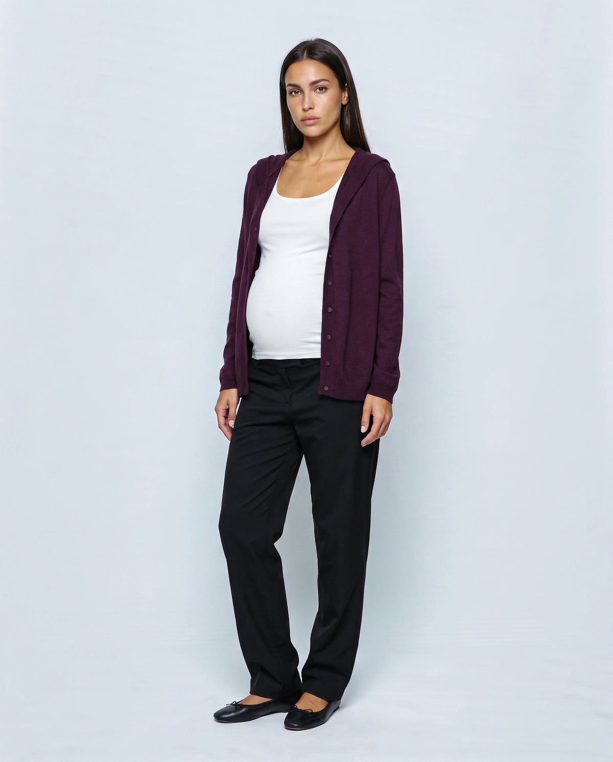 The Hooded Button Cardigan in Plum, front view