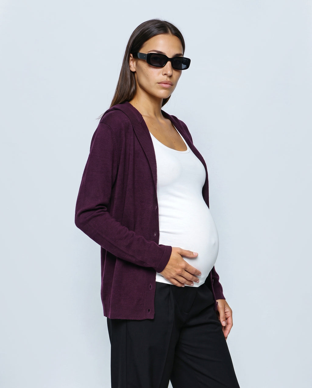 The Hooded Button Cardigan in Plum, side view
