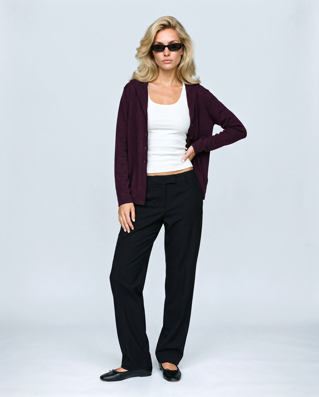 The Hooded Button Cardigan in Plum, front view on a non-pregnant model