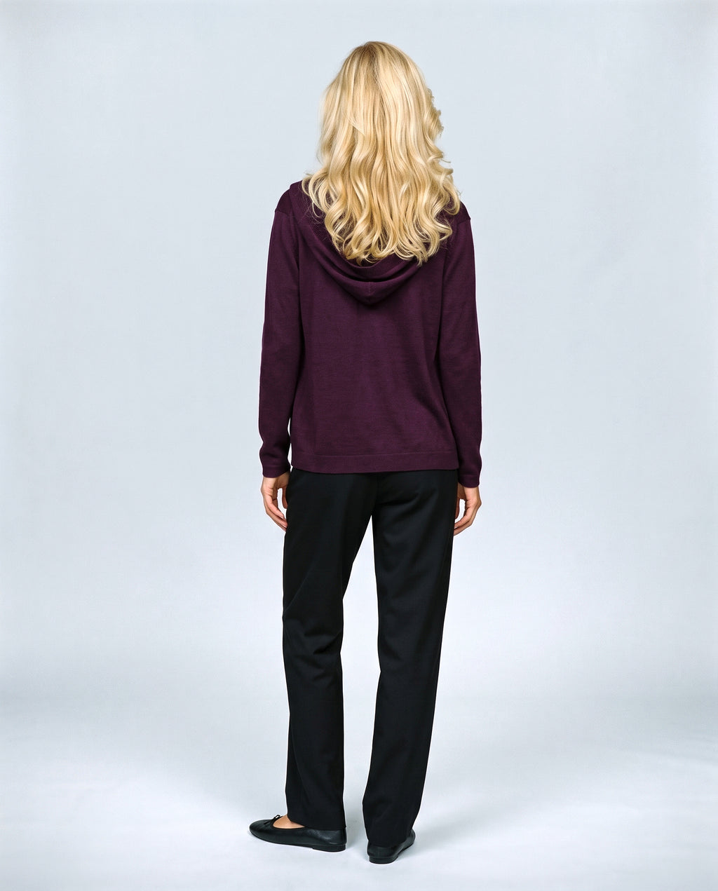 The Hooded Button Cardigan in Plum, back view on a non-pregnant model