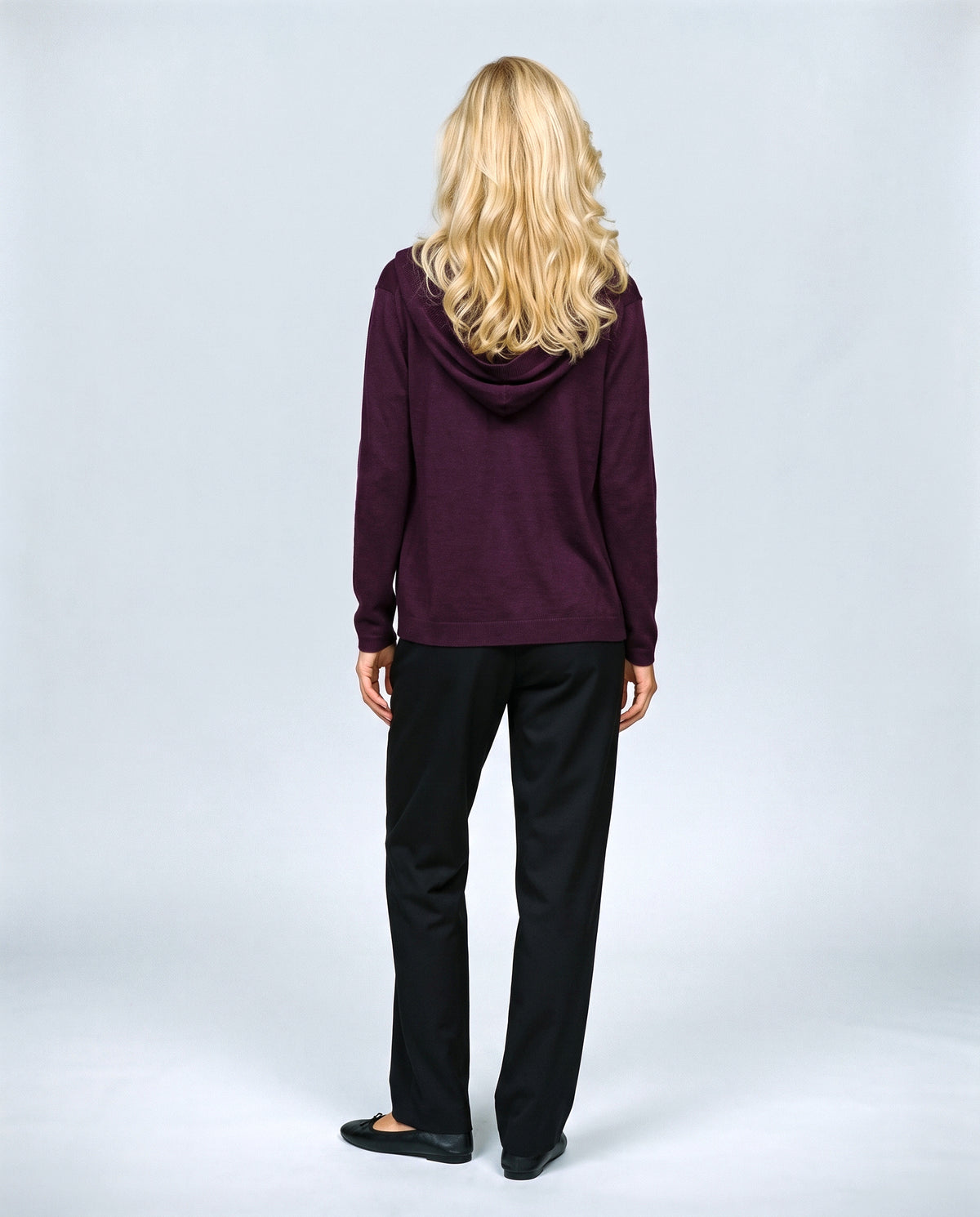 The Hooded Button Cardigan in Plum, back view on a non-pregnant model