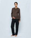 The Button-Neck Knit Hoodie in Brown, front view