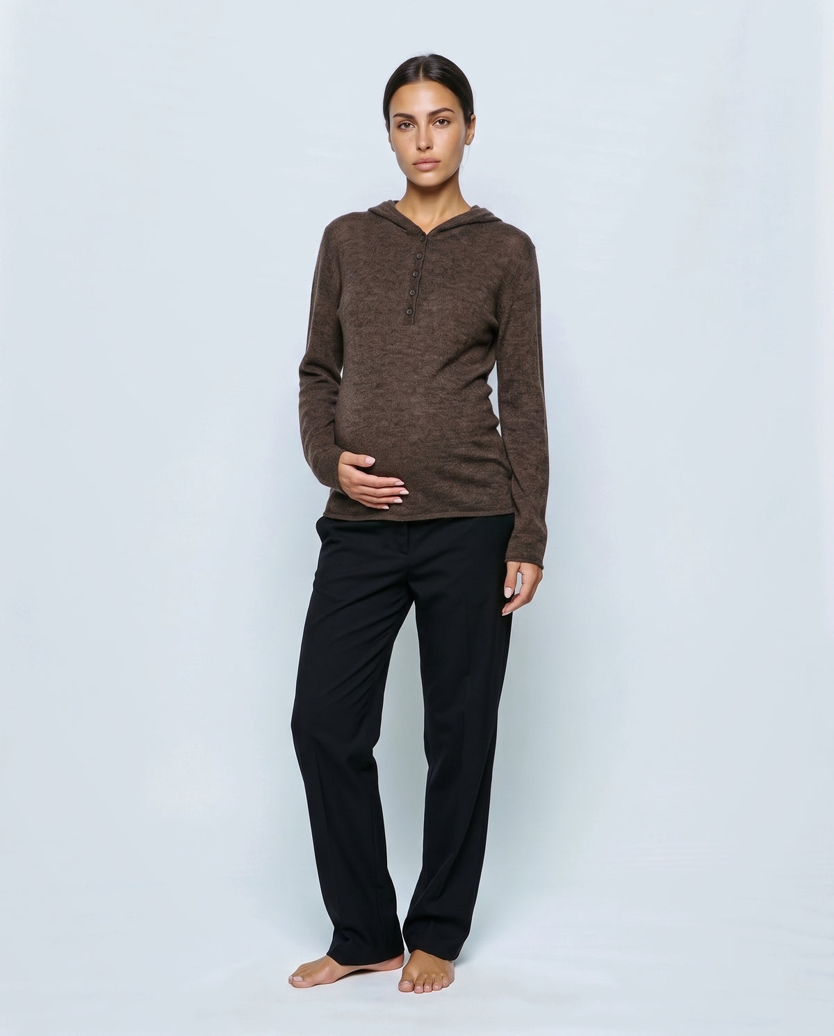 The Button-Neck Knit Hoodie in Brown, front view