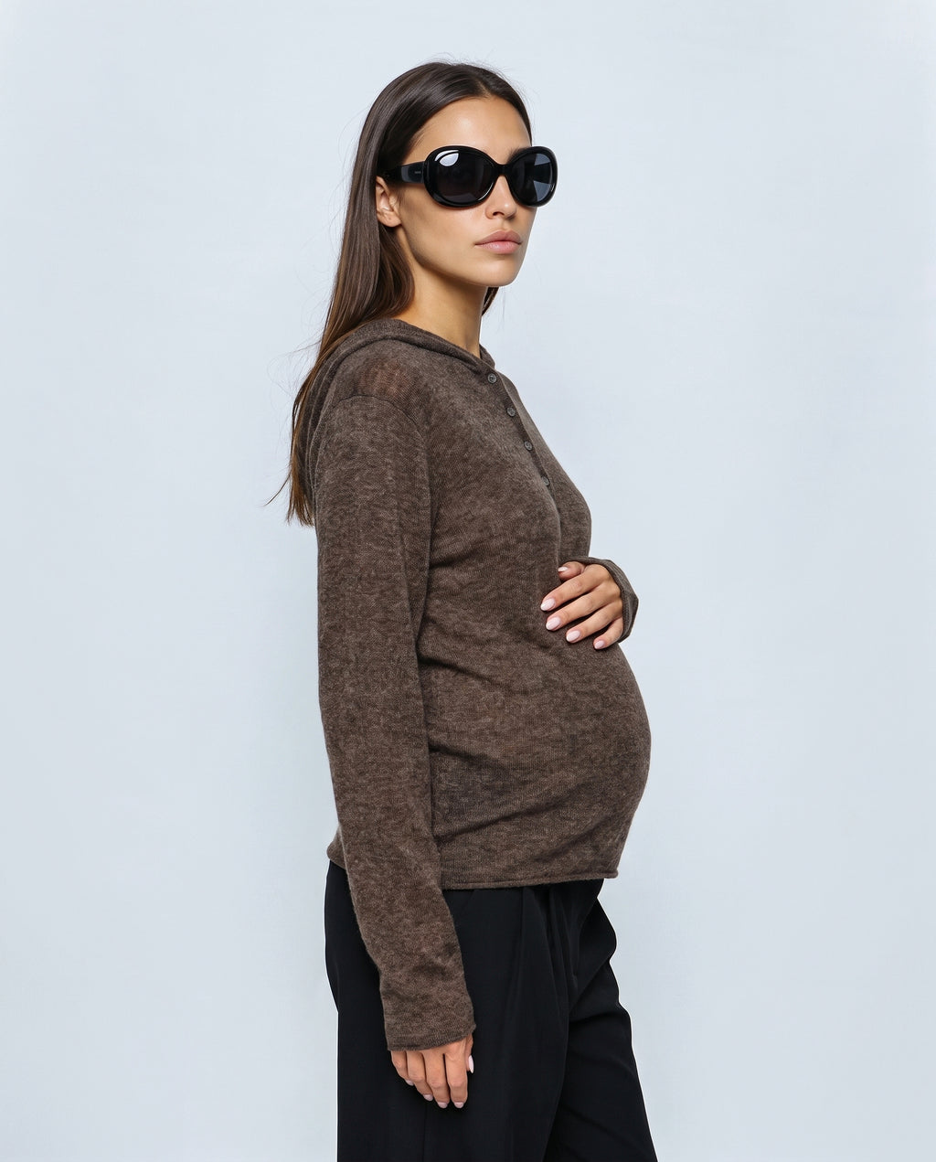 The Button-Neck Knit Hoodie in Brown, side view