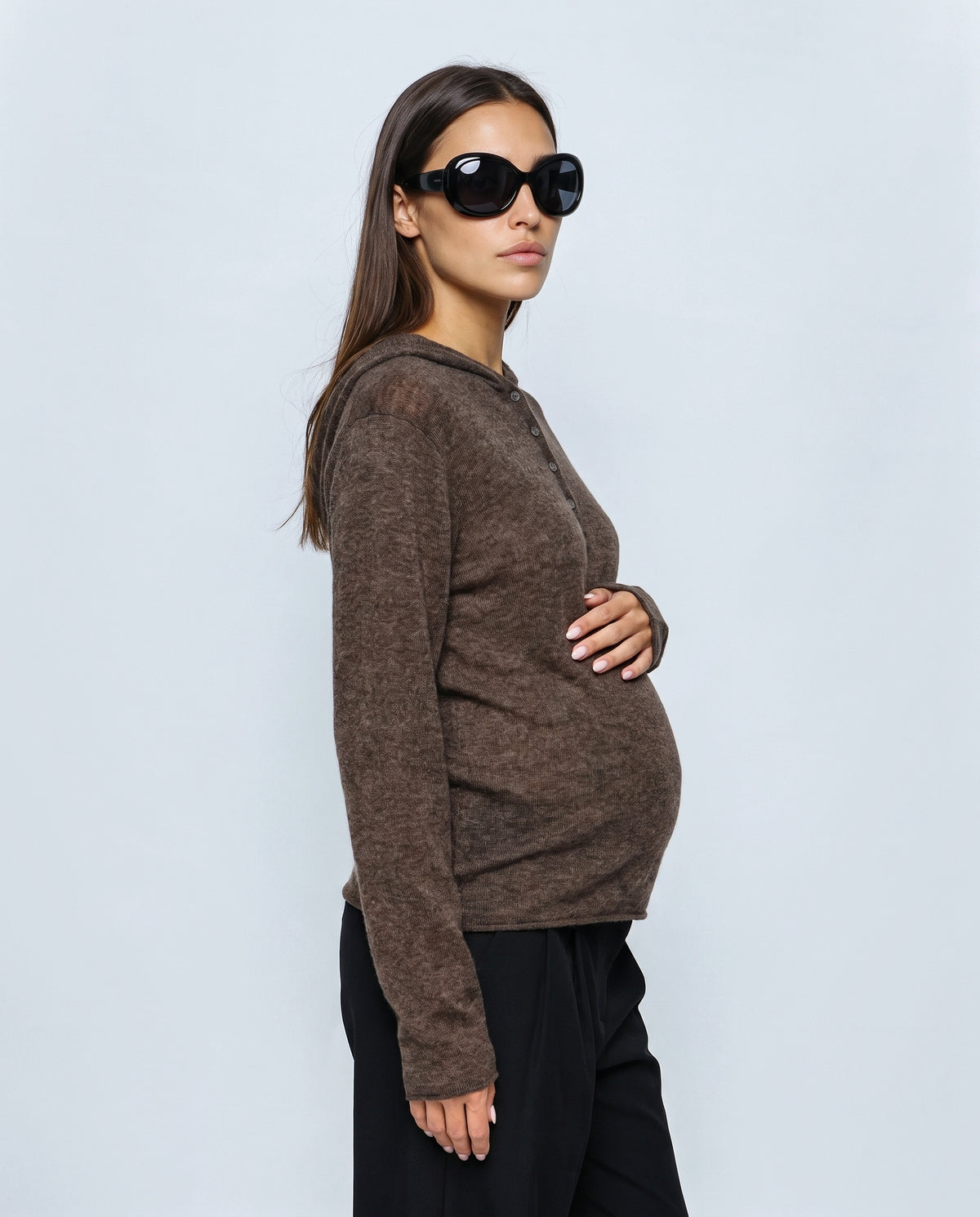 The Button-Neck Knit Hoodie in Brown, side view