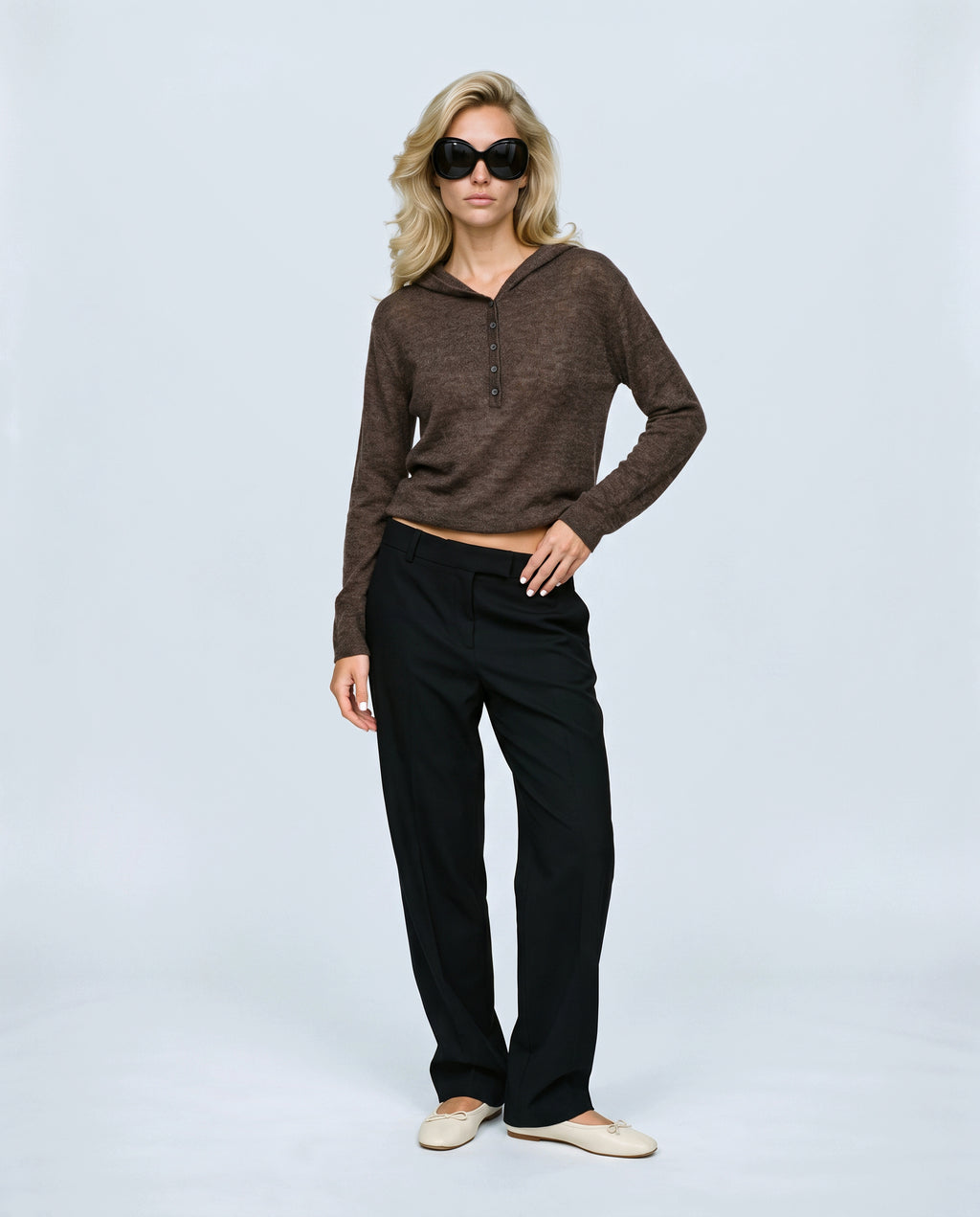 The Button-Neck Knit Hoodie in Brown, front view on a non-pregnant model