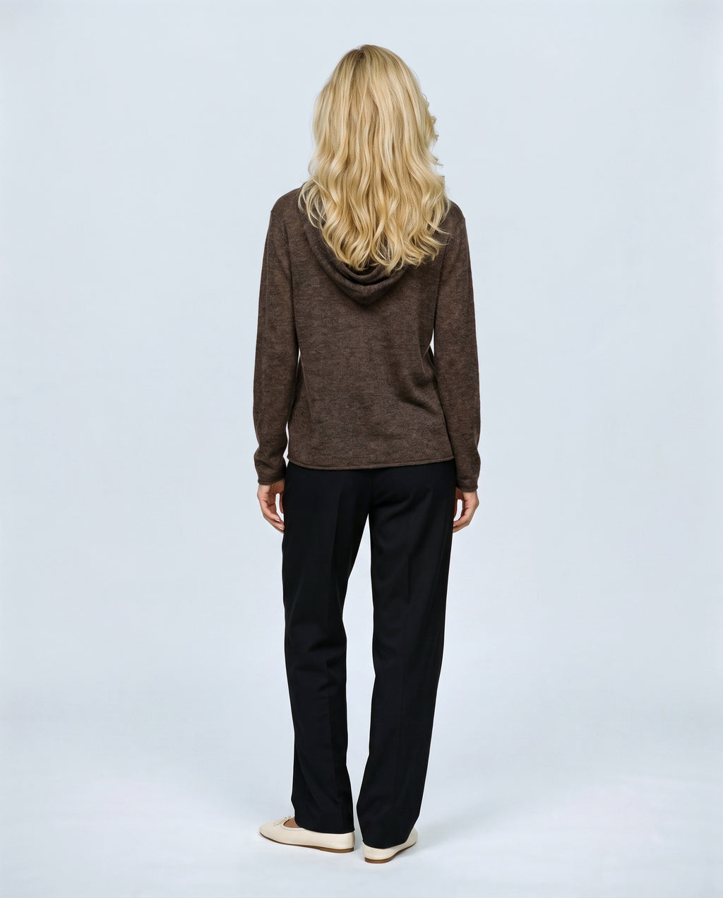The Button-Neck Knit Hoodie in Brown, back view on a non-pregnant model
