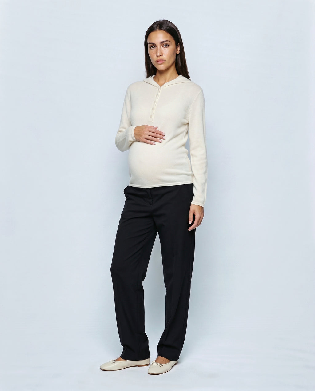 The Button-Neck Knit Hoodie in Cream, front view