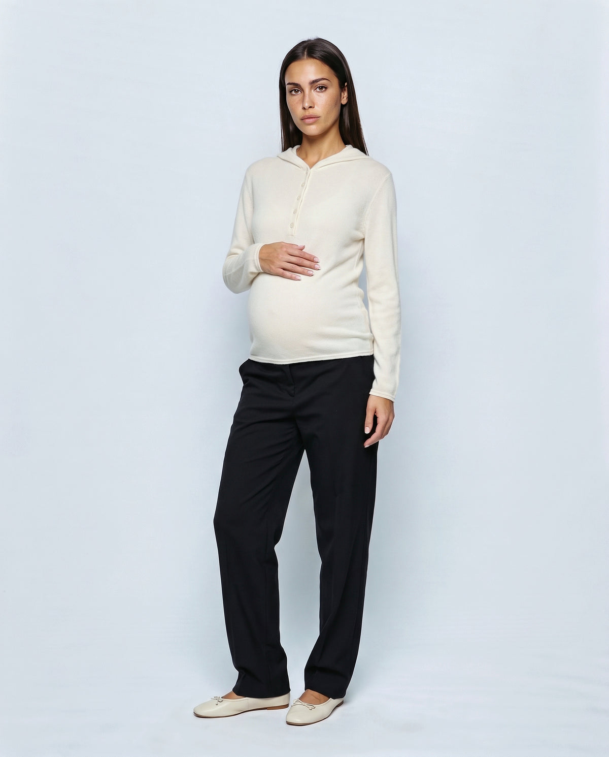 The Button-Neck Knit Hoodie in Cream, front view