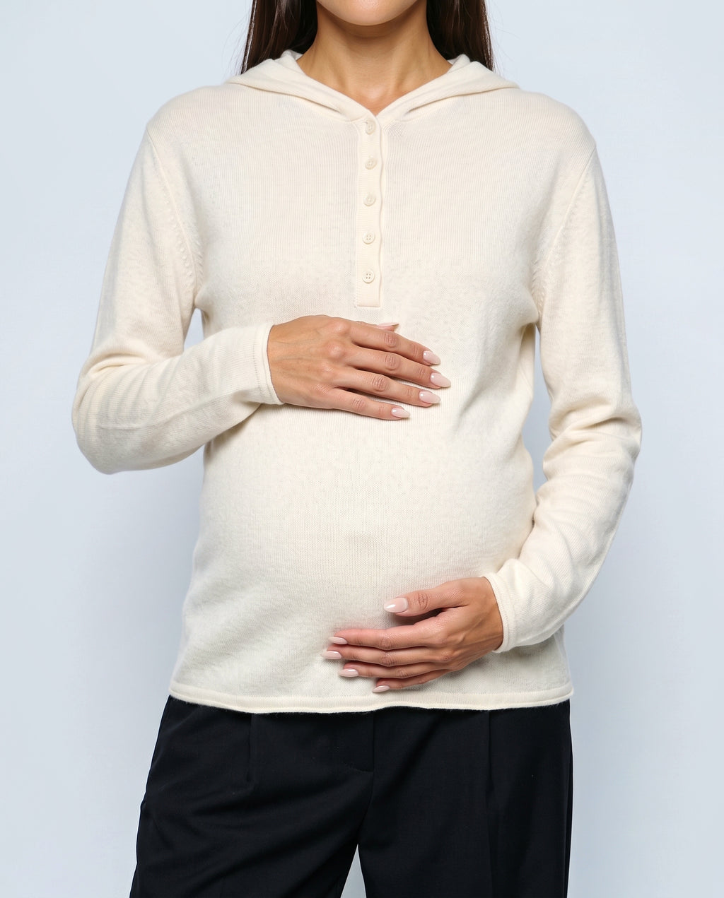 The Button-Neck Knit Hoodie in Cream, fabric detail