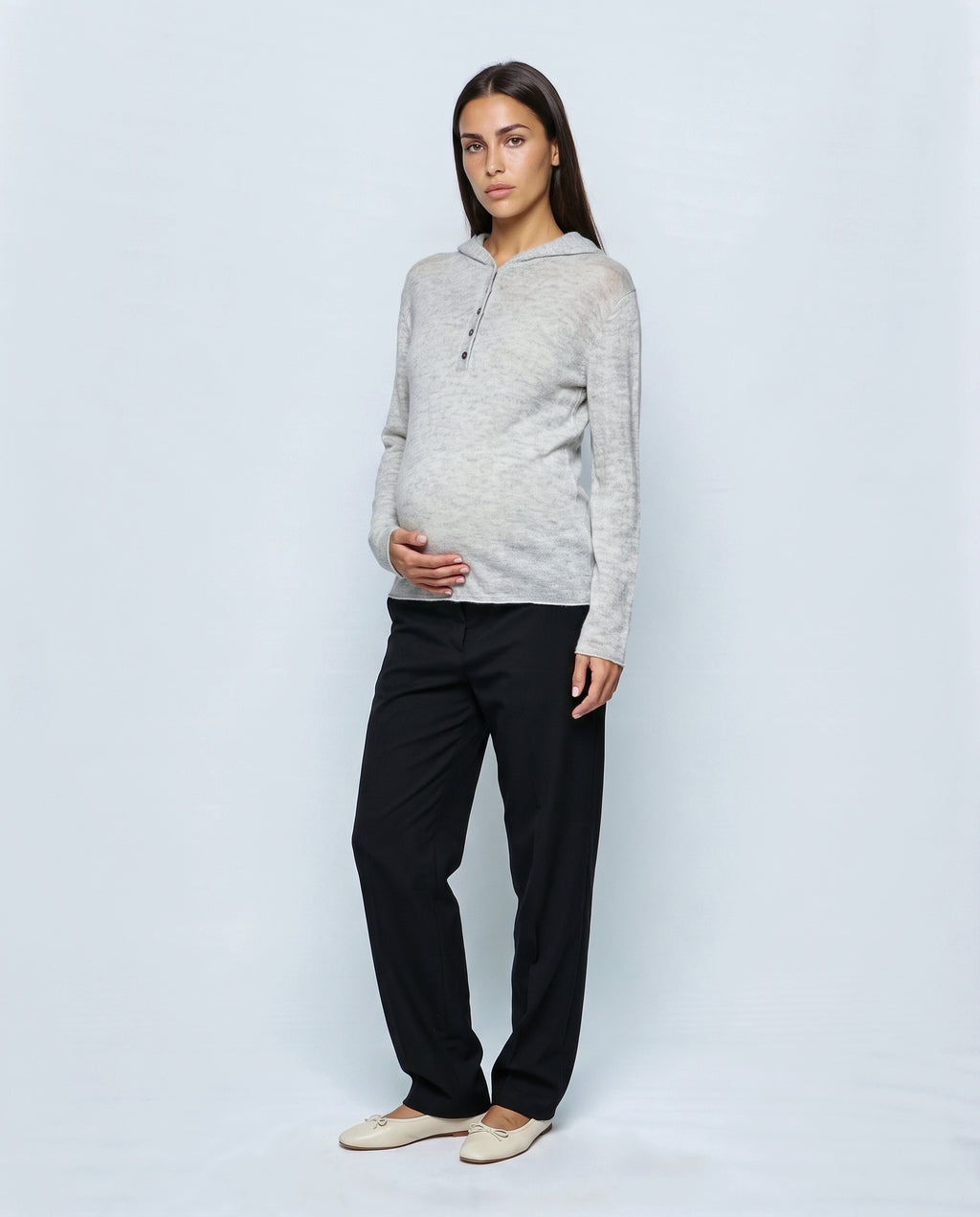 The Button-Neck Knit Hoodie in Grey, front view