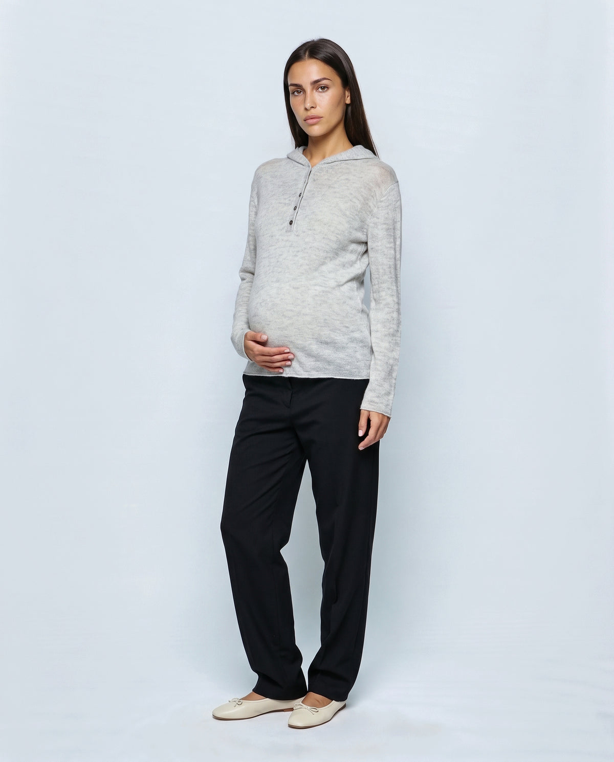 The Button-Neck Knit Hoodie in Grey, front view