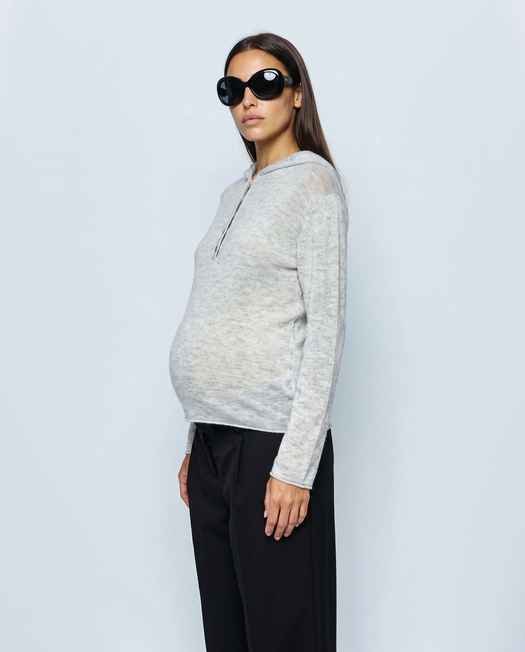The Button-Neck Knit Hoodie in Grey, side view