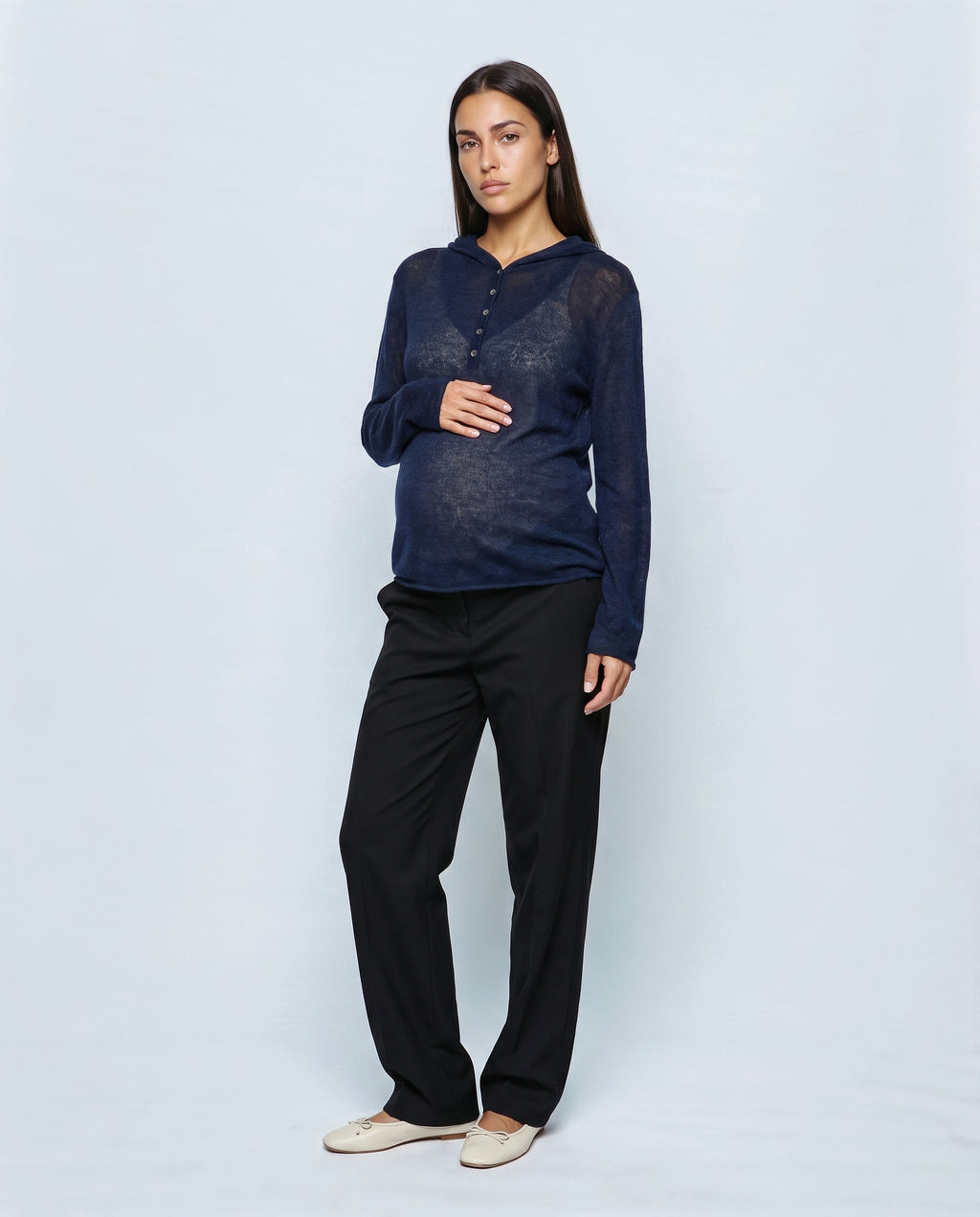 The Button-Neck Knit Hoodie in Navy, front view
