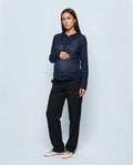 The Button-Neck Knit Hoodie in Navy, front view