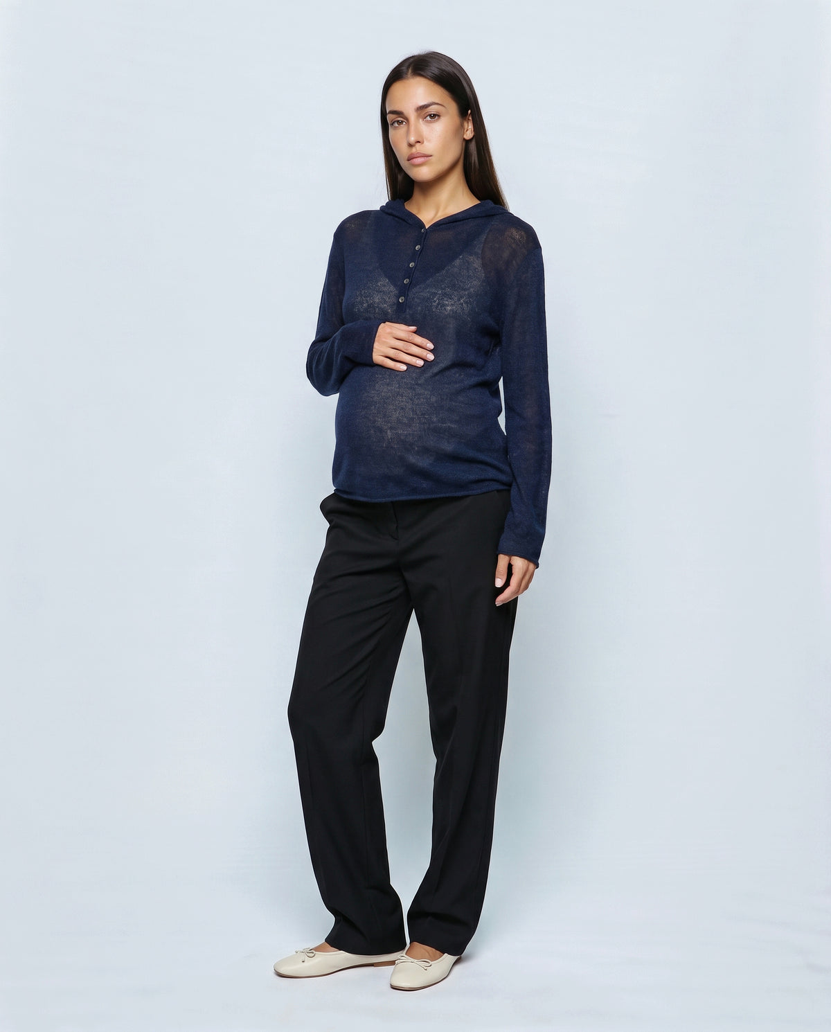 The Button-Neck Knit Hoodie in Navy, front view