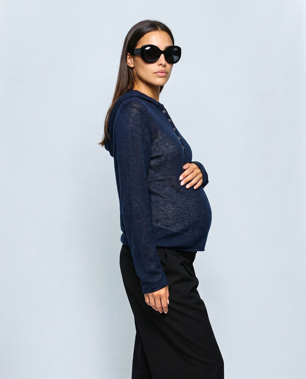 The Button-Neck Knit Hoodie in Navy, side view