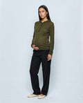 The Button-Neck Knit Hoodie in Olive, front view