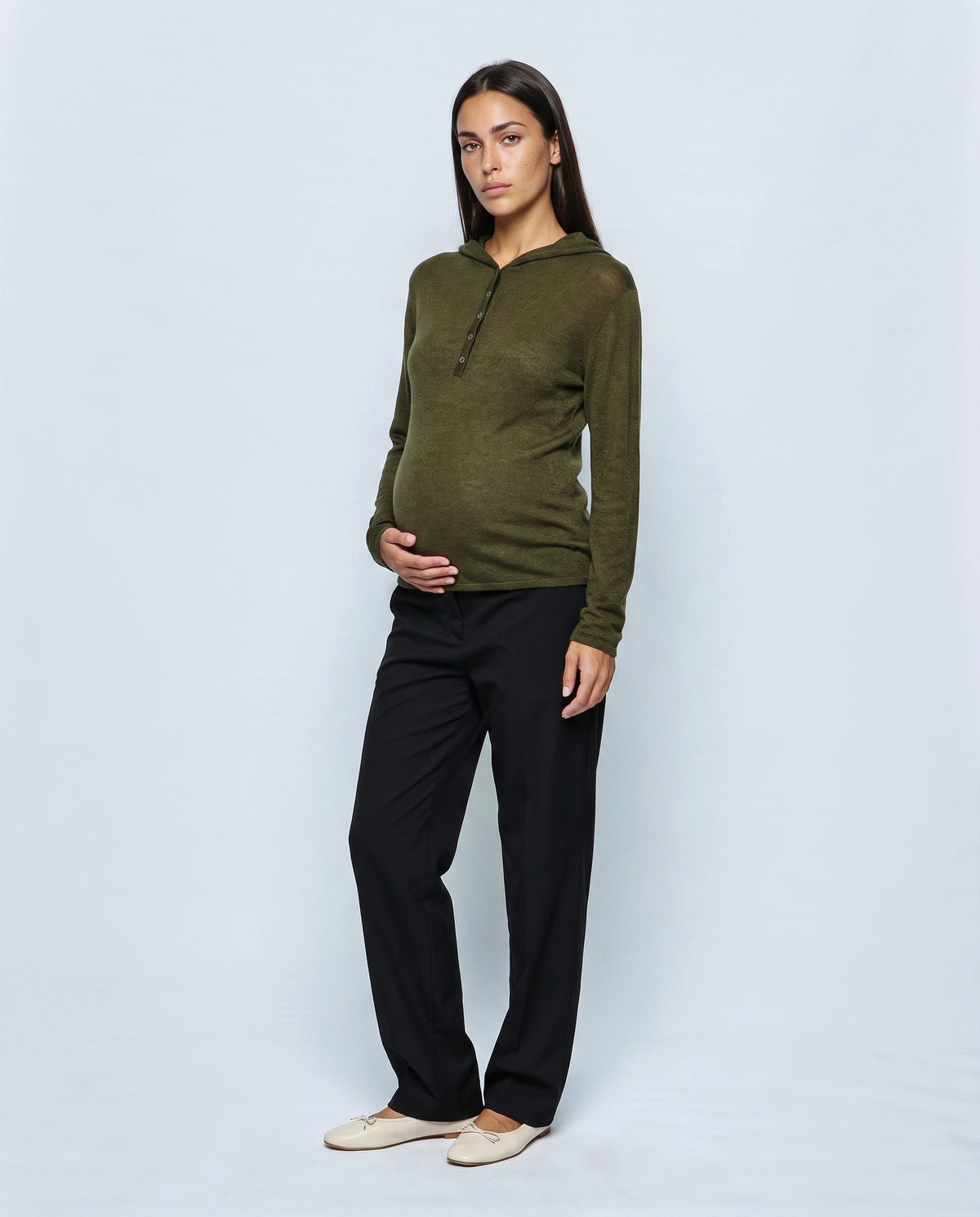 The Button-Neck Knit Hoodie in Olive, front view