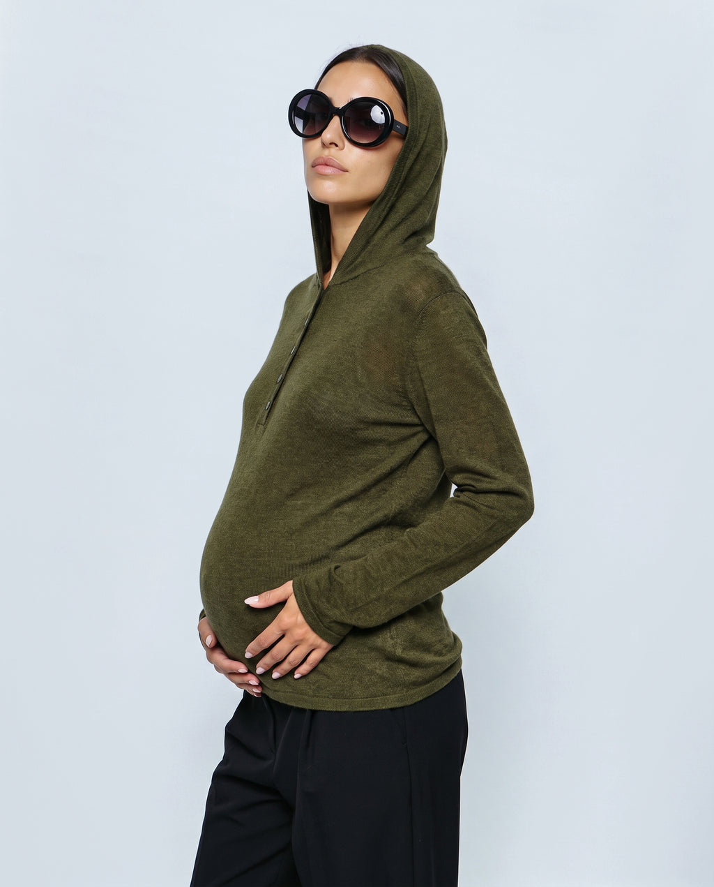 The Button-Neck Knit Hoodie in Olive, side view