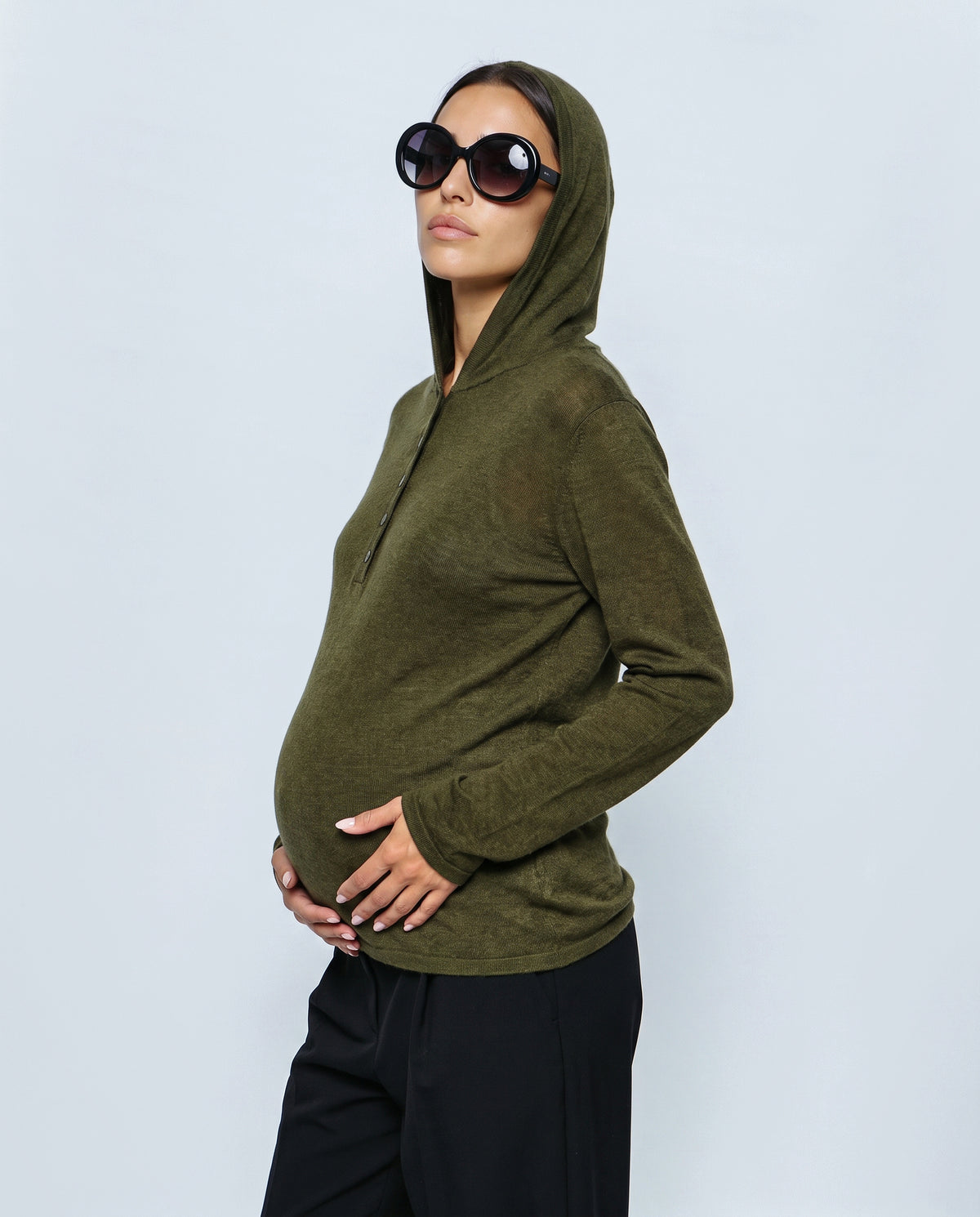 The Button-Neck Knit Hoodie in Olive, side view