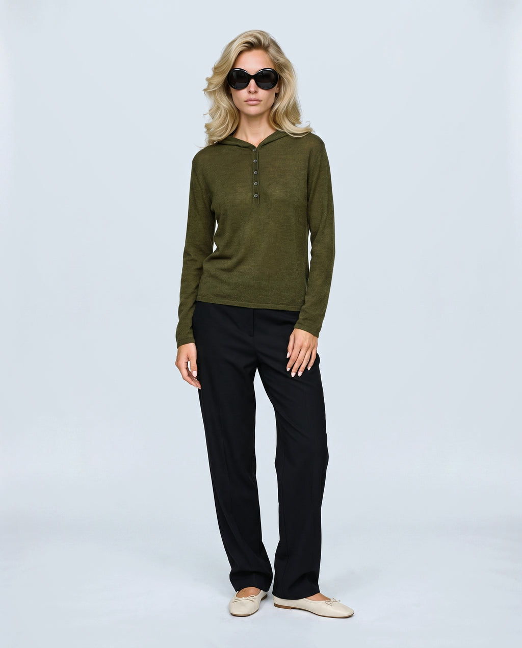 The Button-Neck Knit Hoodie in Olive, front view on a non-pregnant model
