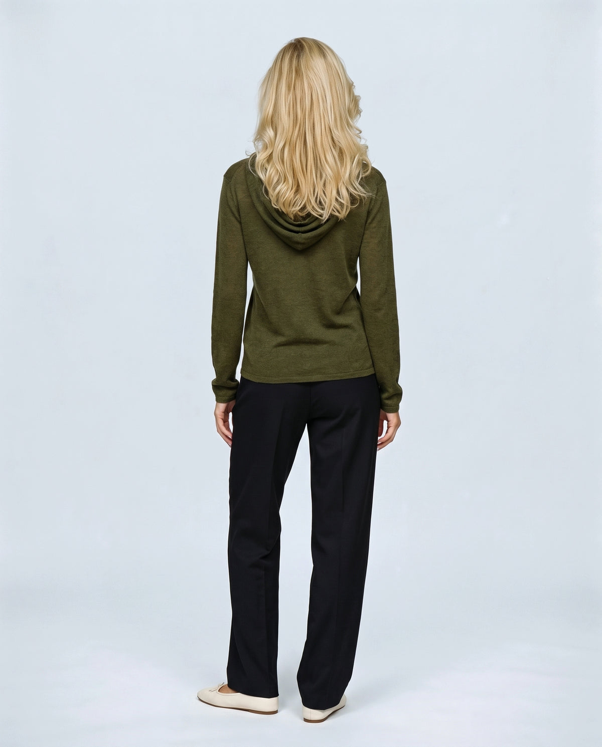 The Button-Neck Knit Hoodie in Olive, back view on a non-pregnant model