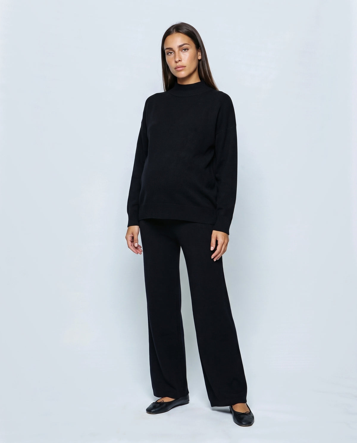 Chloe Split-Hem Knit Trouser Set in Black, front view