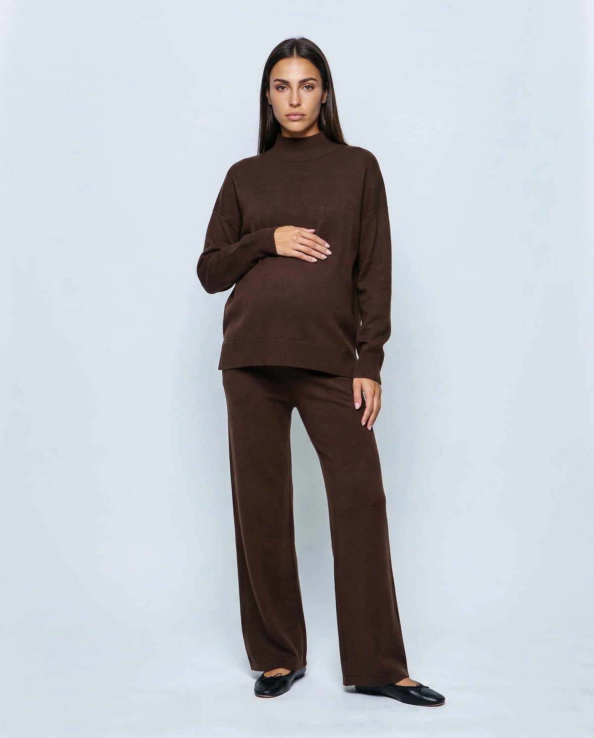 Chloe Split-Hem Knit Trouser Set in Brown, front view