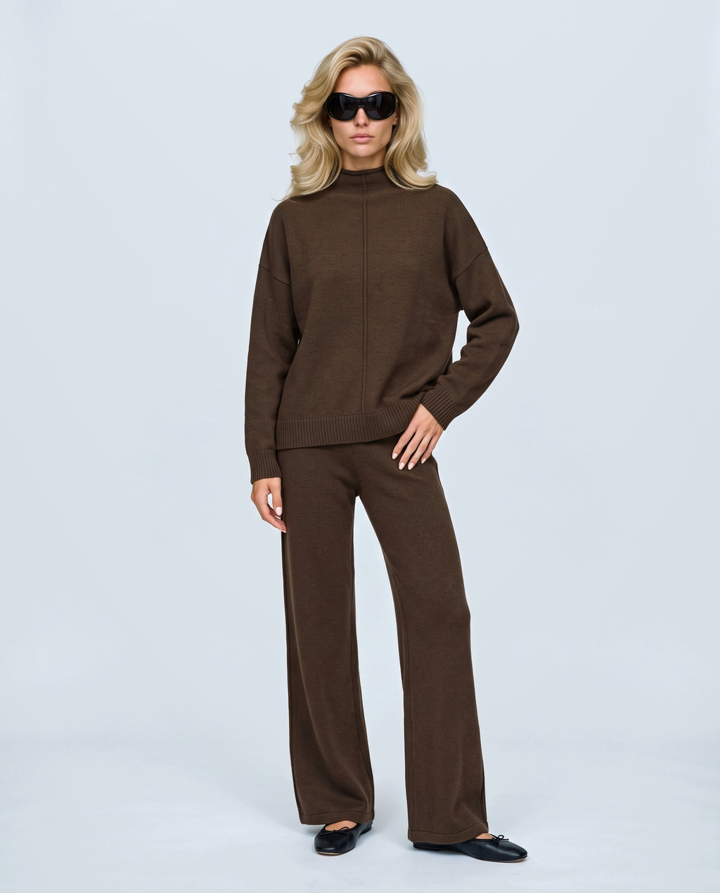 Chloe Split-Hem Knit Trouser Set in Brown, front view on a non-pregnant model