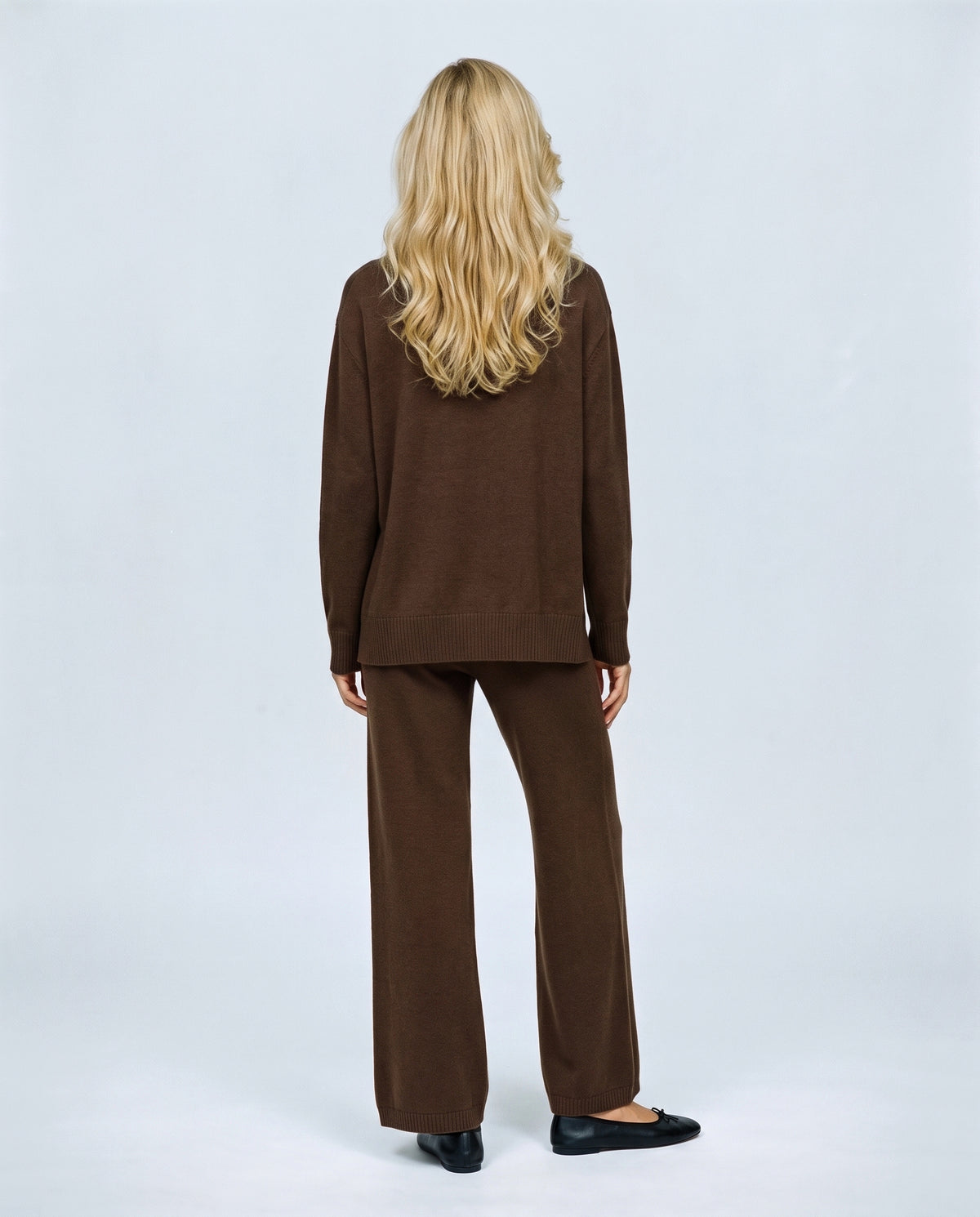 Chloe Split-Hem Knit Trouser Set in Brown, back view on a non-pregnant model