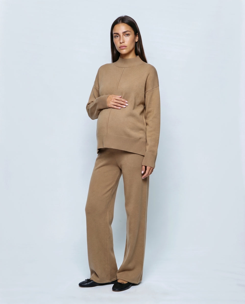 Chloe Split-Hem Knit Trouser Set in Camel, front view
