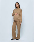 Chloe Split-Hem Knit Trouser Set in Camel, front view