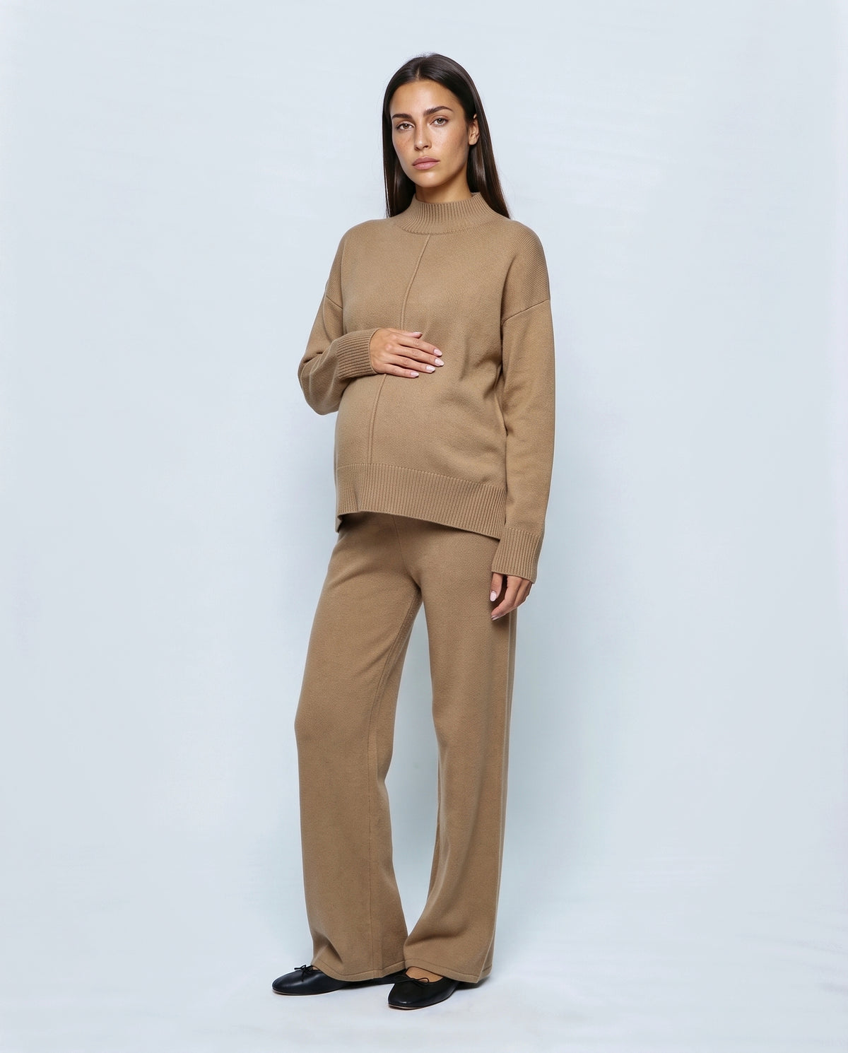 Chloe Split-Hem Knit Trouser Set in Camel, front view